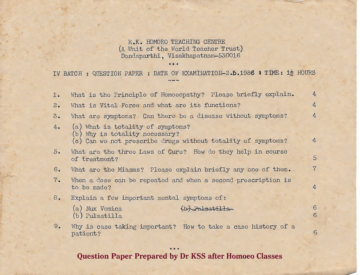 1986 IV Batch examination paper from E.K. Homoeo Teaching Centre, with a caption crediting Dr. K. S. Sastry.