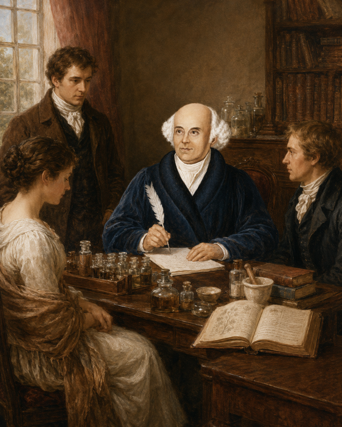 Artistic depiction of Hahnemann listening during a patient consultation