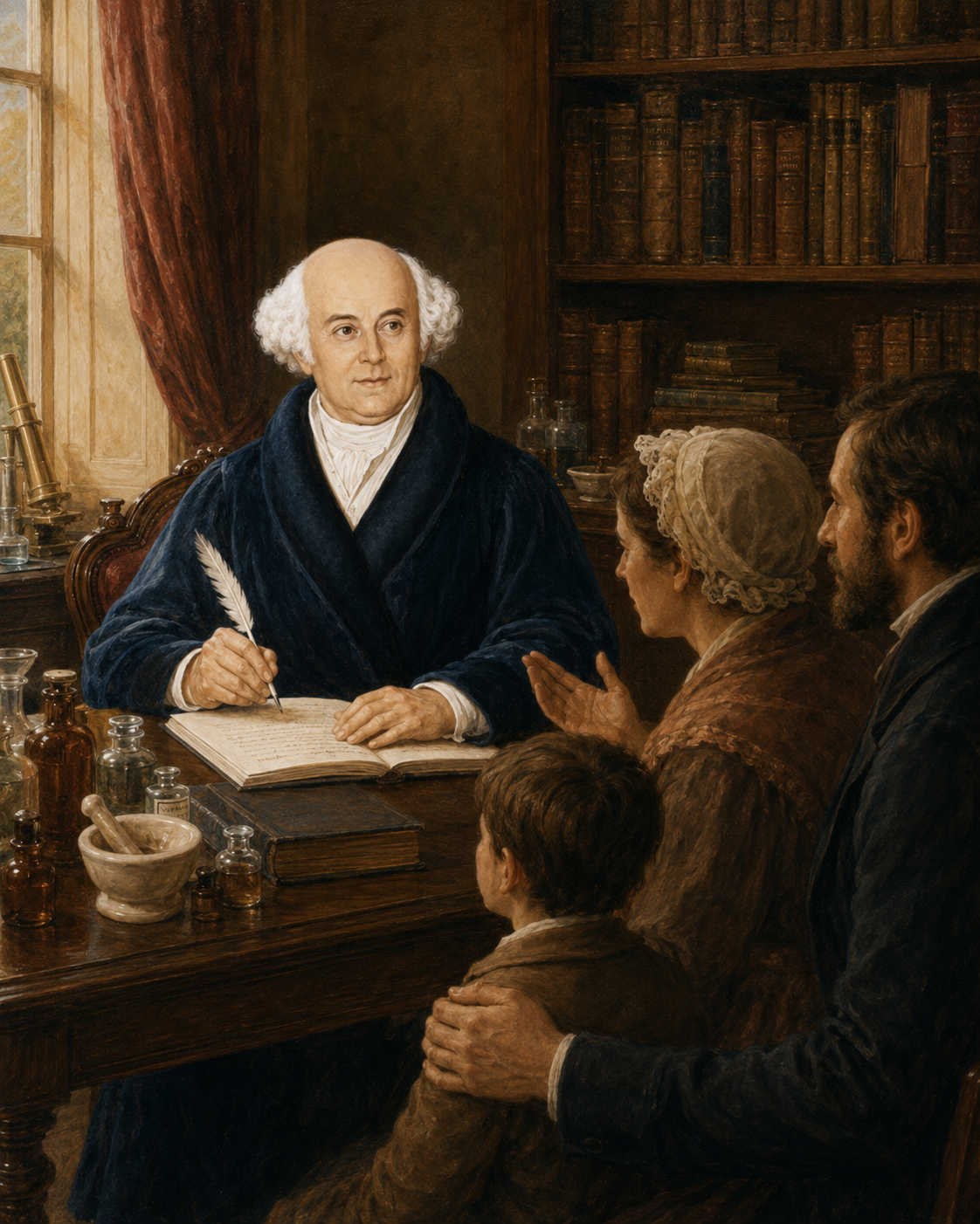 Artistic depiction of Hahnemann consulting with a family