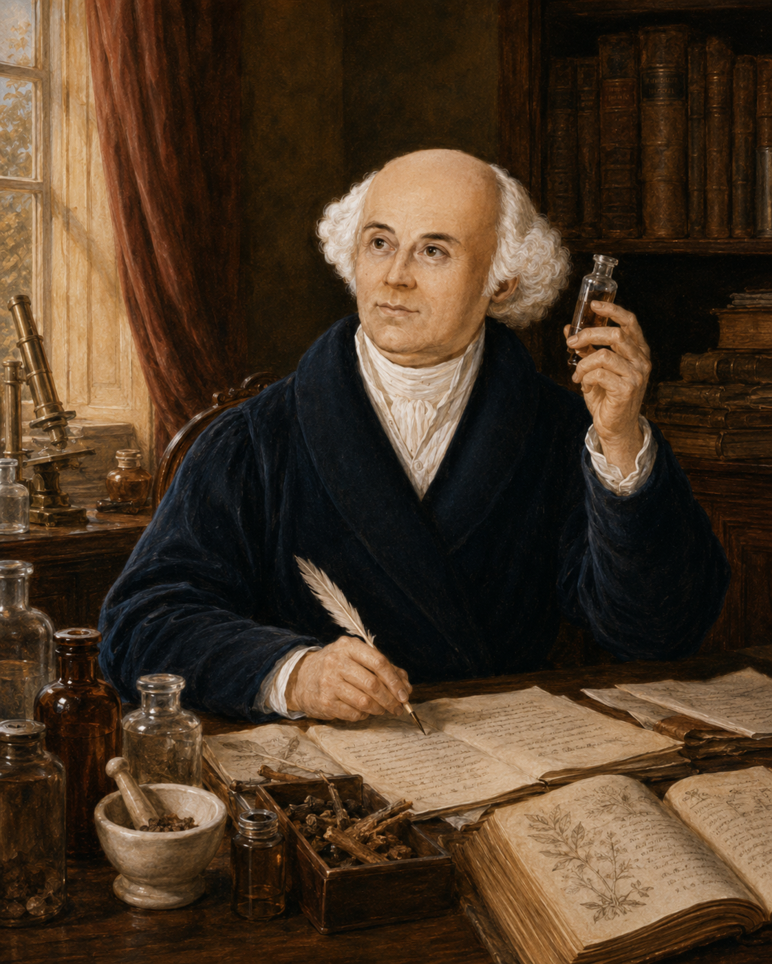 Artistic depiction of Hahnemann examining a medicinal preparation in his study