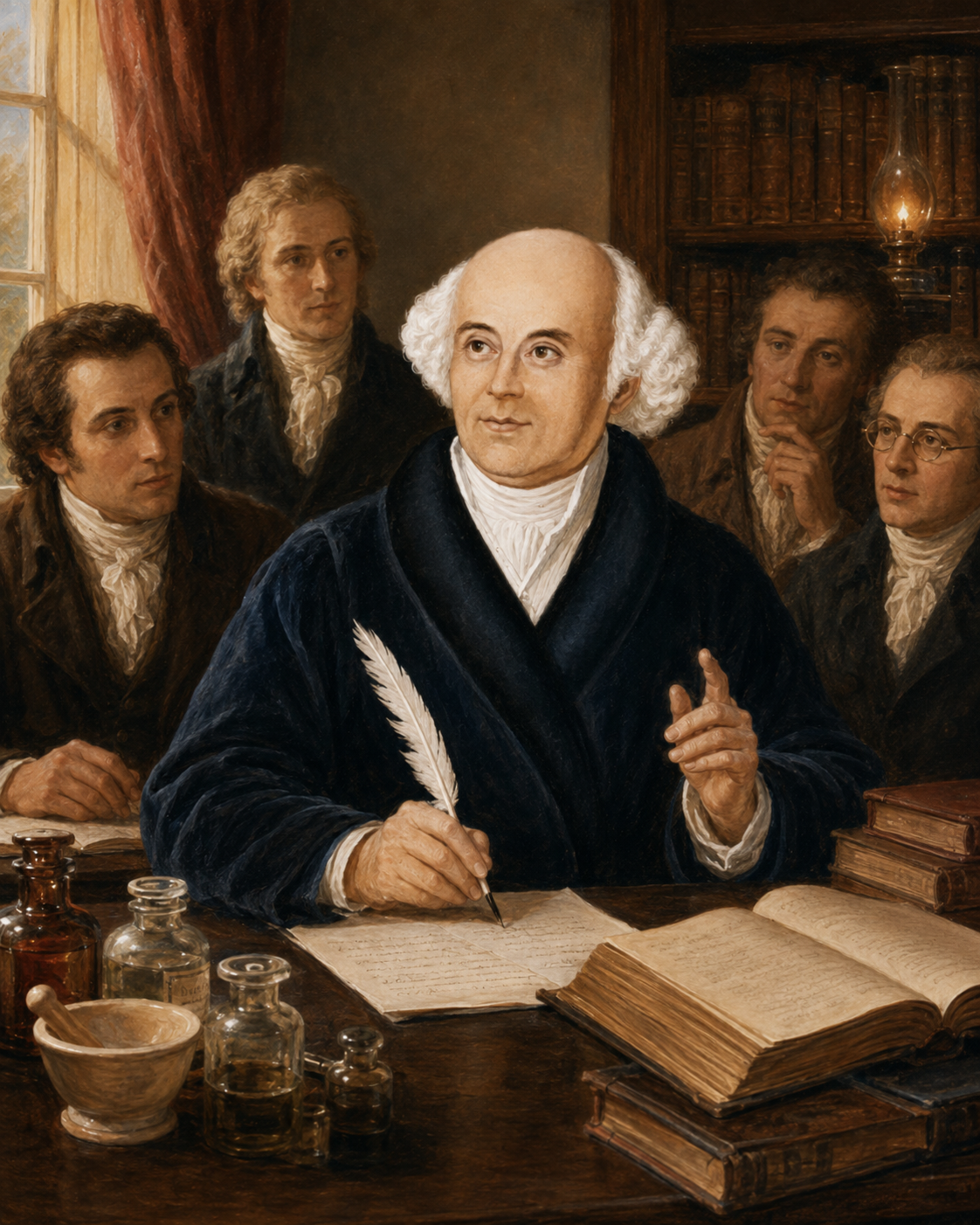 Artistic depiction of Hahnemann explaining his research to fellow physicians