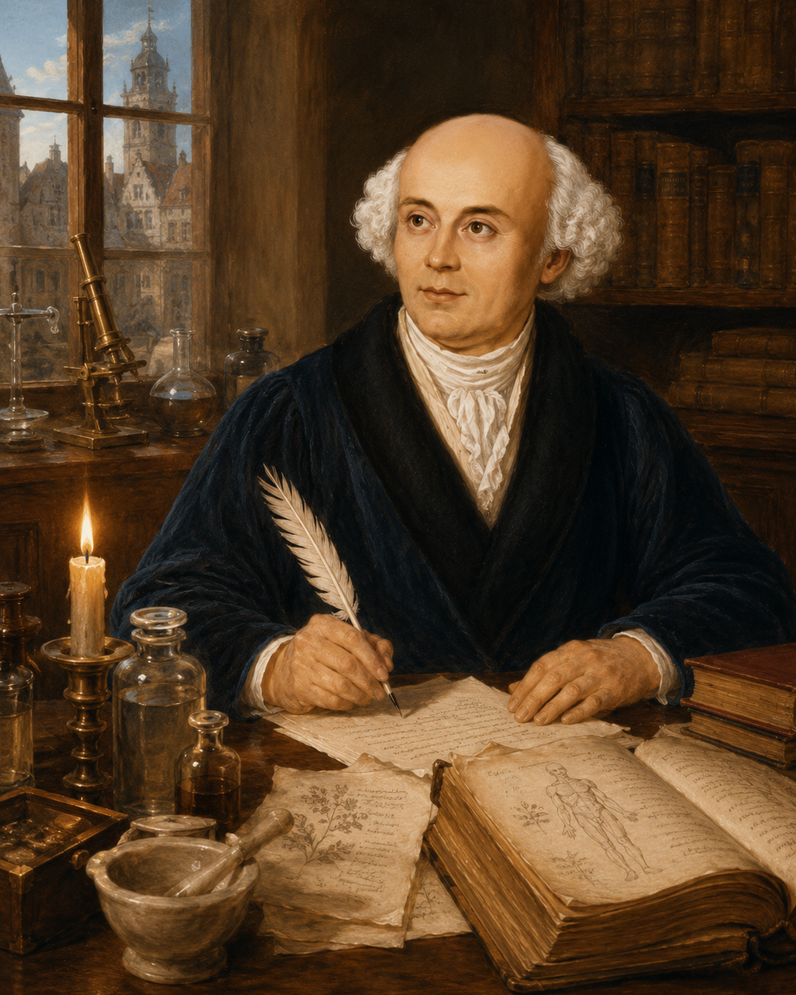 Artistic depiction of Hahnemann recording his medical observations